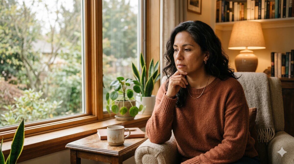 Mature woman reflecting by window