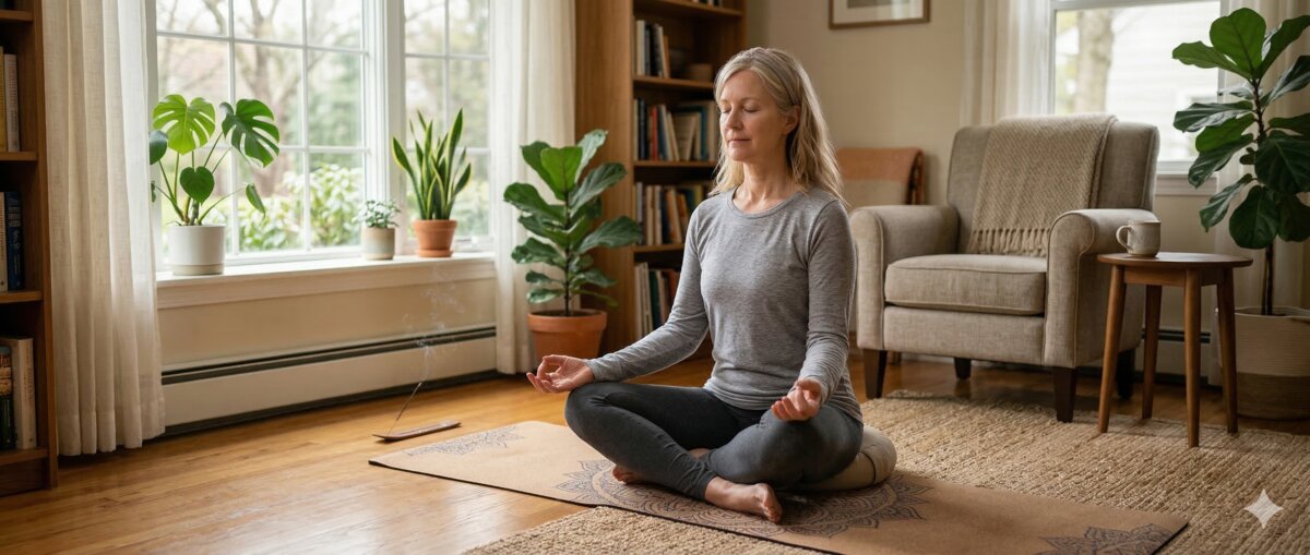 Mature woman meditating peacefully