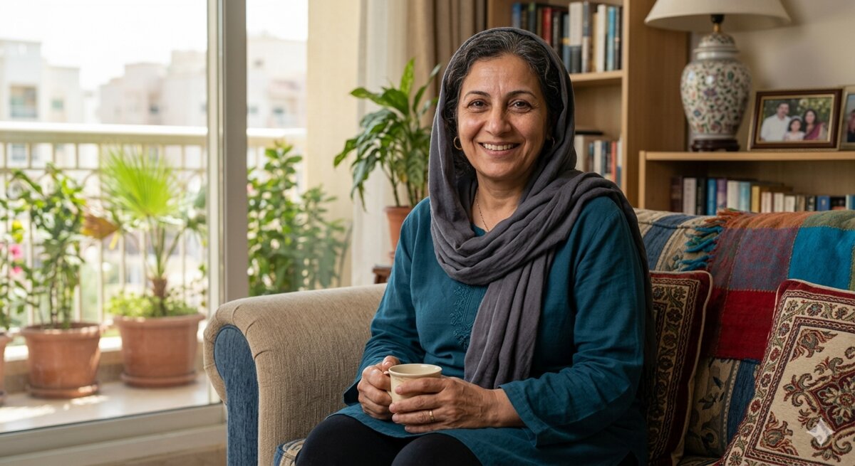 Mature woman in calm garden setting